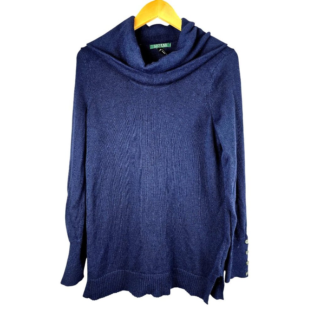 Lauren Ralph Lauren Navy Knit Sweater W/ Buttoned Cuffs & Drape Neck Size M